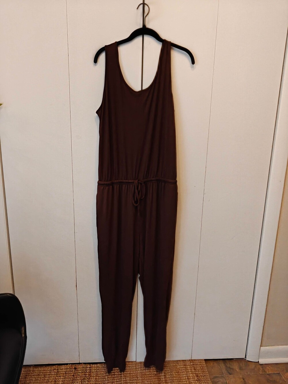 Brown Sleeveless Jumpsuit Size L Drawstring Waist Cuffed Ankles